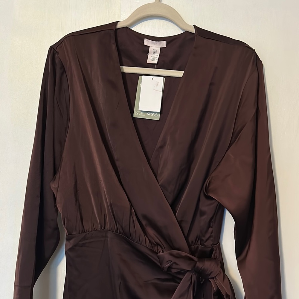 NWT H&M Satin Wrap Dress in Brown